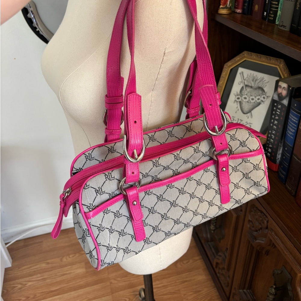 RARE Y2K Monogram Lauren Ralph Lauren Barrel Bag with Magenta Straps 2000s Logo